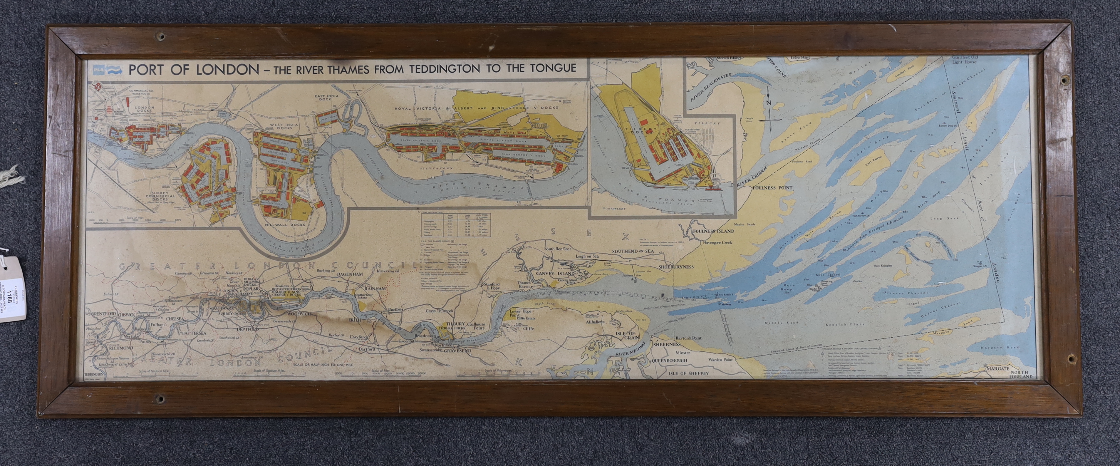 A large 20th century map, Port of London - The River Thames from Teddington to the Tongue, dated Jan. 1966, including details of Tilbury, Royal Surrey, West India and Victorian and Albert and King George V docks, 34 x 10